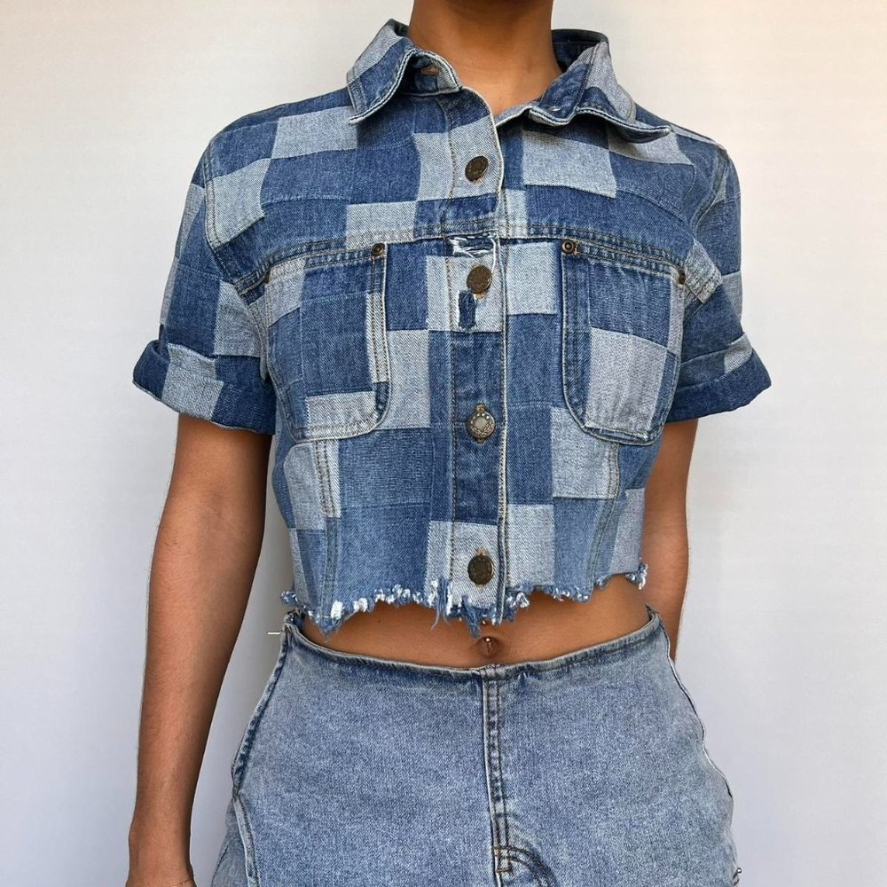ashley stewart multi color checkered denim top